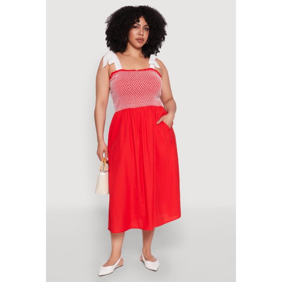 Womens Plus Size Smocked Tie Shoulder Midi Dress