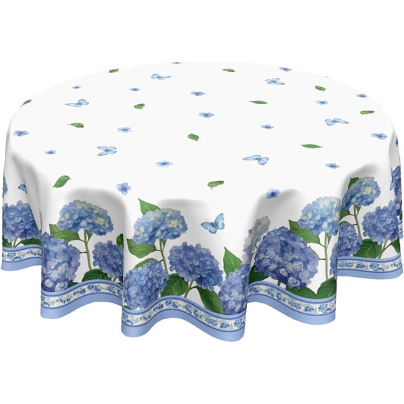 Spring Summer Round Tablecloth 60 Inch Easter Blue Hydrangea Watercolor Floral Butterfly Polyester Table Cloth Cover Rustic Farmhouse Decoration for Holiday Party Kitchen Dinner