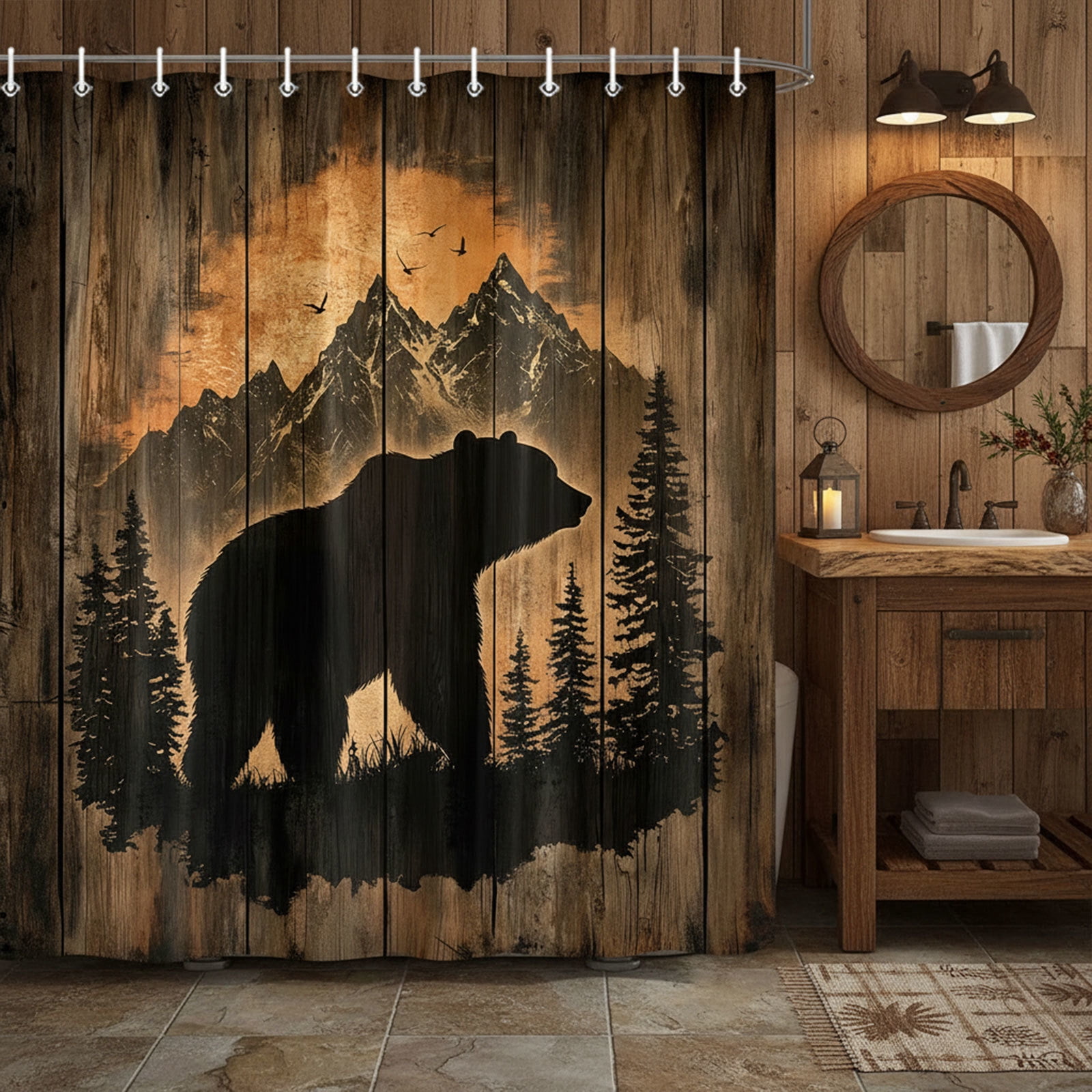 Rustic Cabin Shower Curtain for Bathroom, Forest Bear Wooden Bath Curtains, Wildlife Country Hunting Camping Waterproof Fabric Bathroom Curtain Accessories Set with Hooks, 72x72 Inches