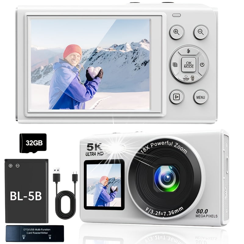 Dual Screen 5K Digital Camera 18x Zoom WiFi Vlogging Camera with 32GB Card Battery & Reader Portable for Beginners Photography