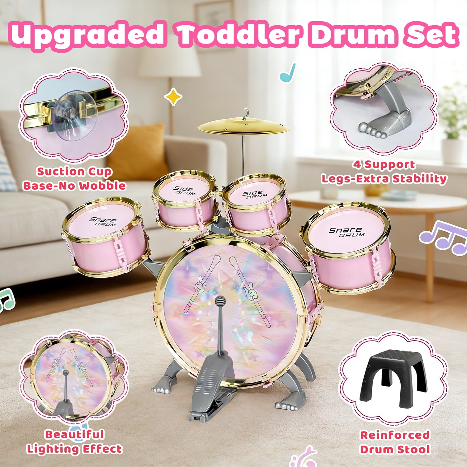 Aijohnny Toddler Light Jazz Drum Set, Musical Kid Drum Set with Stool, Pedal & Drumsticks, Birthday Gifts for Kids 1-3 3-5 5-8 Years Old