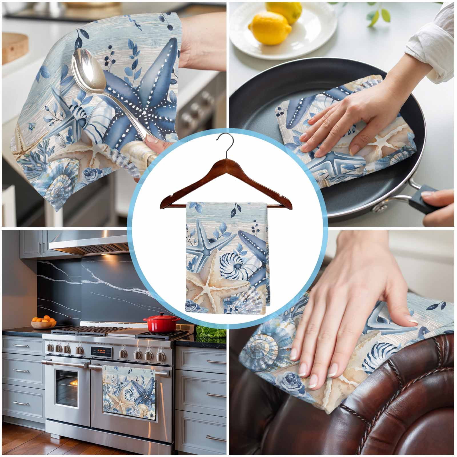 Blue Starfish Coastal 1 Pack Kitchen Towel, Water Absorbent Dish Towel, Eucalyptus Summer Nautical Shell Vintage Decorative Hand Towels - Quick Drying Cloth for Cooking Baking, 18x28 Inch