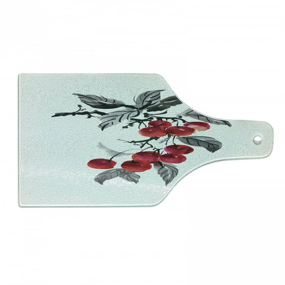Rowan Cutting Board, Branch of Rowan with Fruit in Watercolor Mountain Wild Nature Foliage Art, Decorative Tempered Glass Cutting and Serving Board, Wine Bottle Shape, Grey Red Black, by Ambesonne