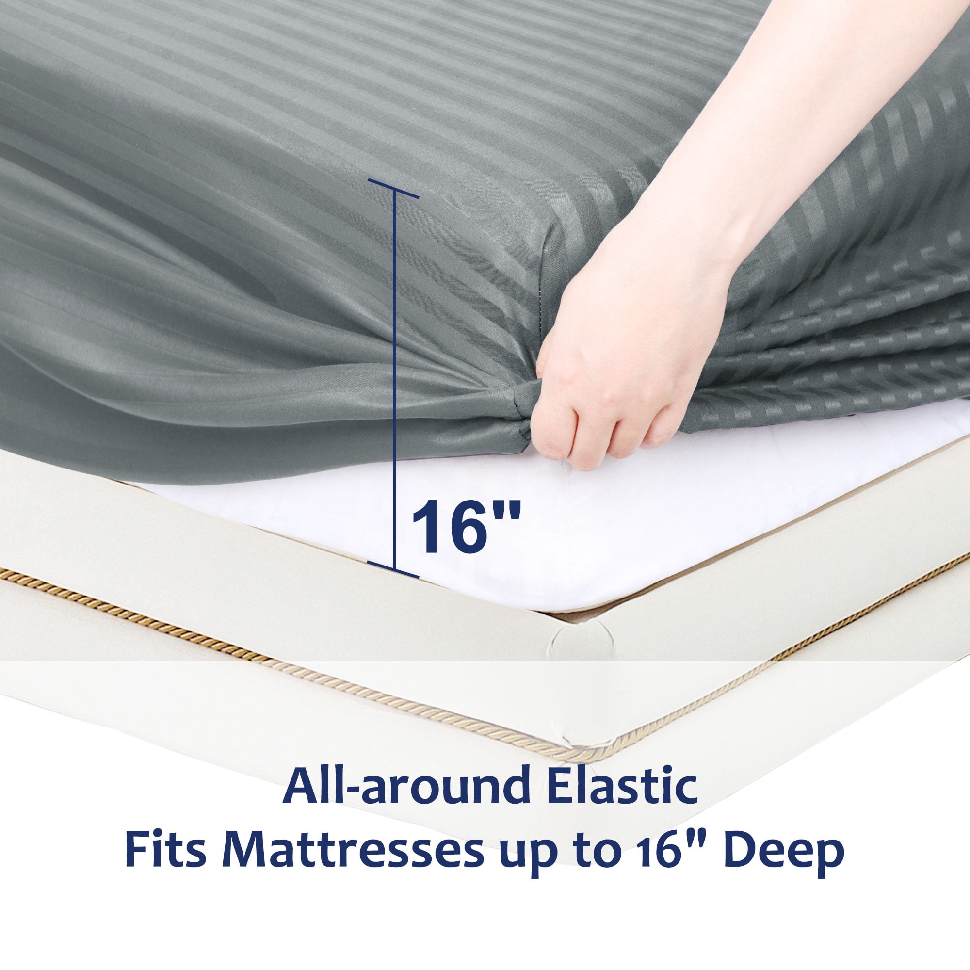 Unique Bargains Soft 100GSM Striped 16 Inch Deep Pocket Fitted Sheets Twin Dark Gray