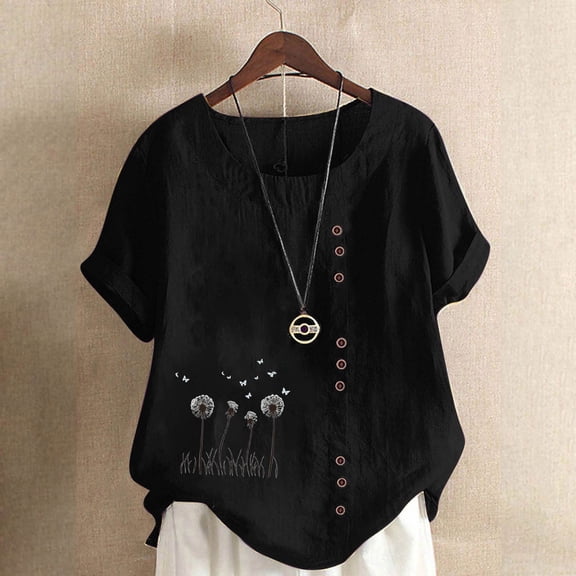 CLOISE Loose Short Sleeve Shirts for Women Plus Size Tops Button Round Neck Casual Pullover Graphic Summer Blouses Black