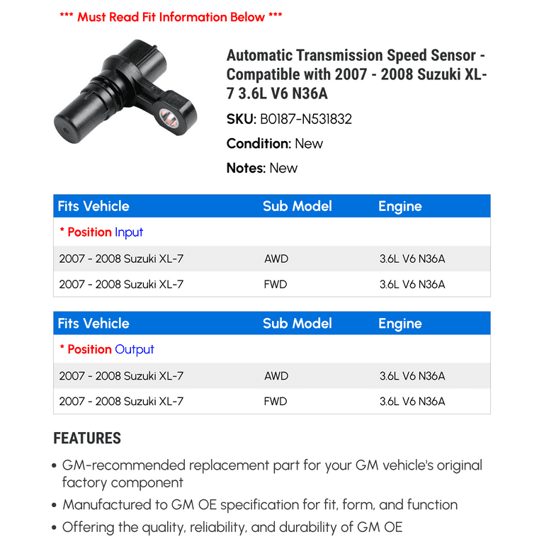 Automatic Transmission Speed Sensor - Compatible with 2007