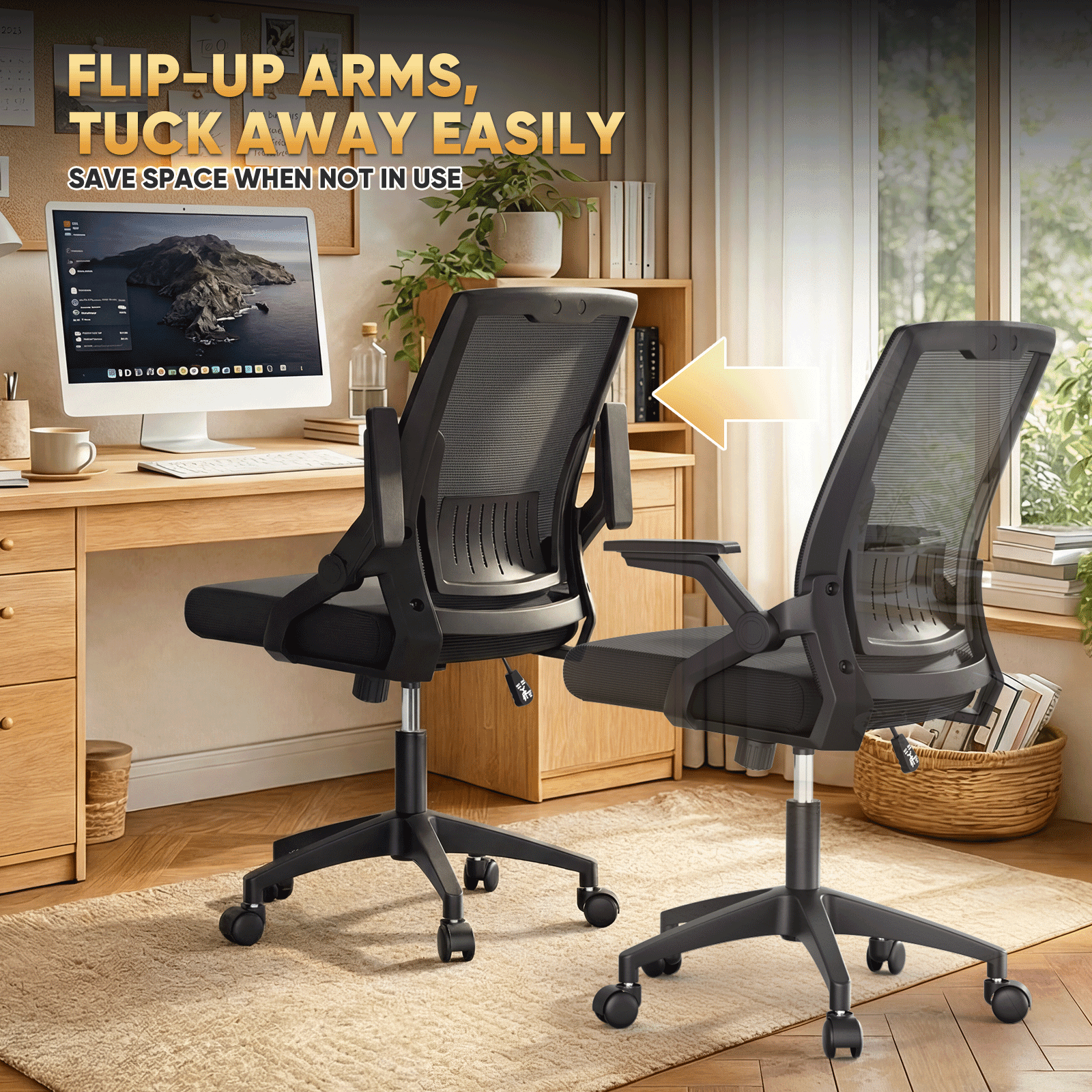 Magshion Ergonomic Mesh Office Chair with Flip-Up Armrests, Adjustable Height & Reclining High Back, Black