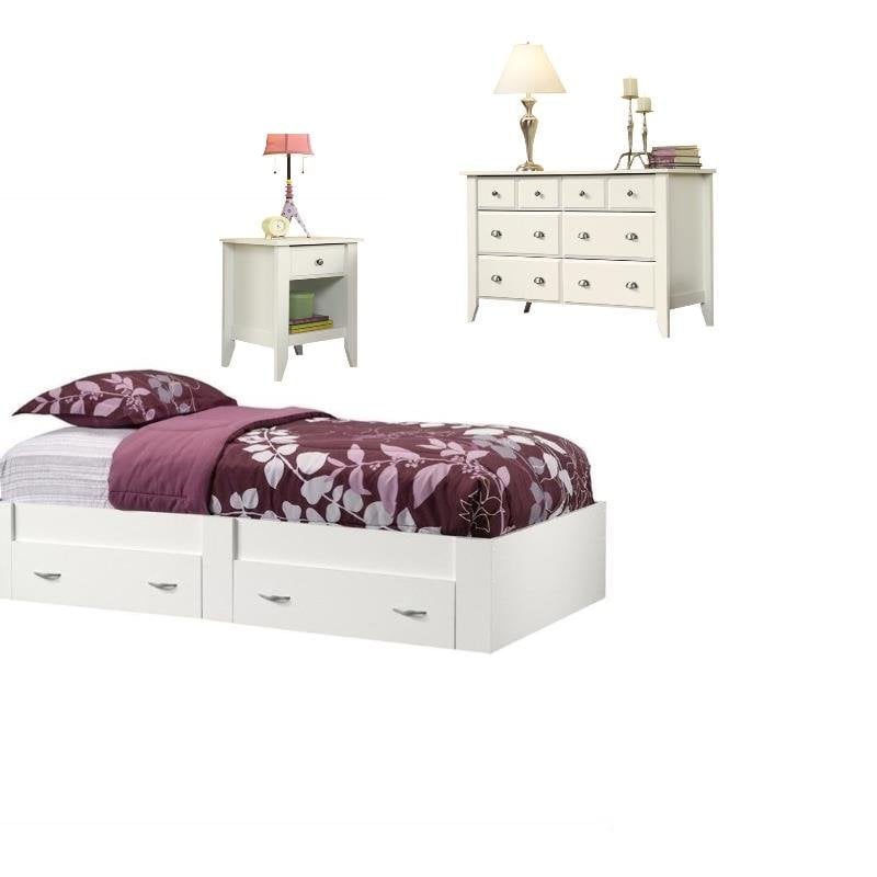 3 Piece Twin Platform Bed with Nightstand and Dresser Set in Soft White