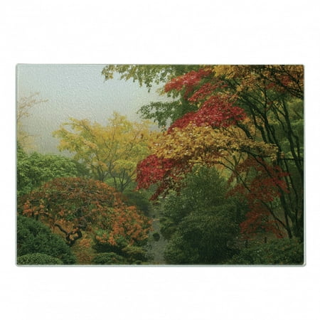 

Garden Cutting Board Maple Trees in the Fall at Portland Japanese Garden Foggy Morning Scenery Decorative Tempered Glass Cutting and Serving Board Small Size Red Yellow Green by Ambesonne