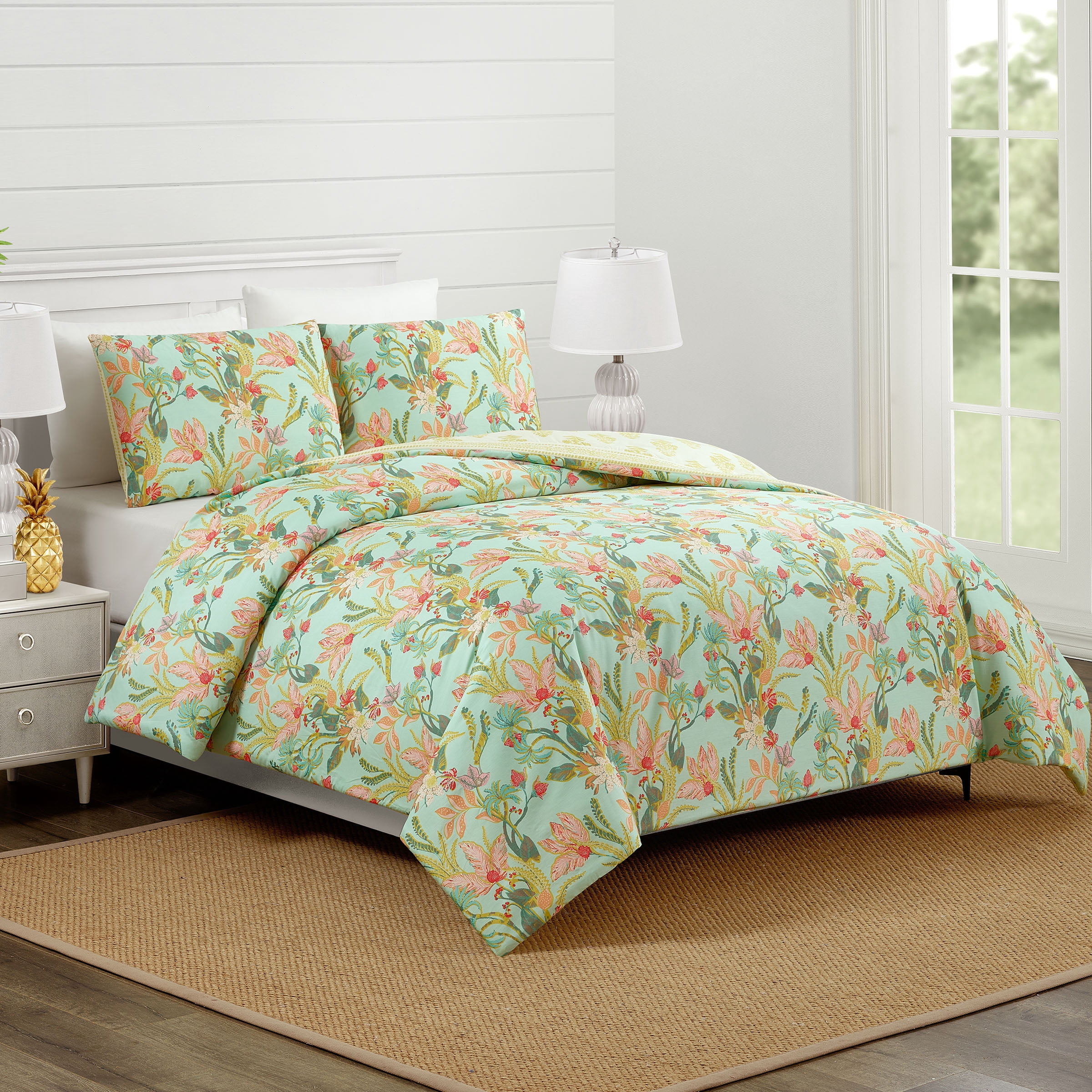 Spartina 449 Queenie Tropical 3-Piece Cotton Sateen Comforter Set, Seafoam Green, King
