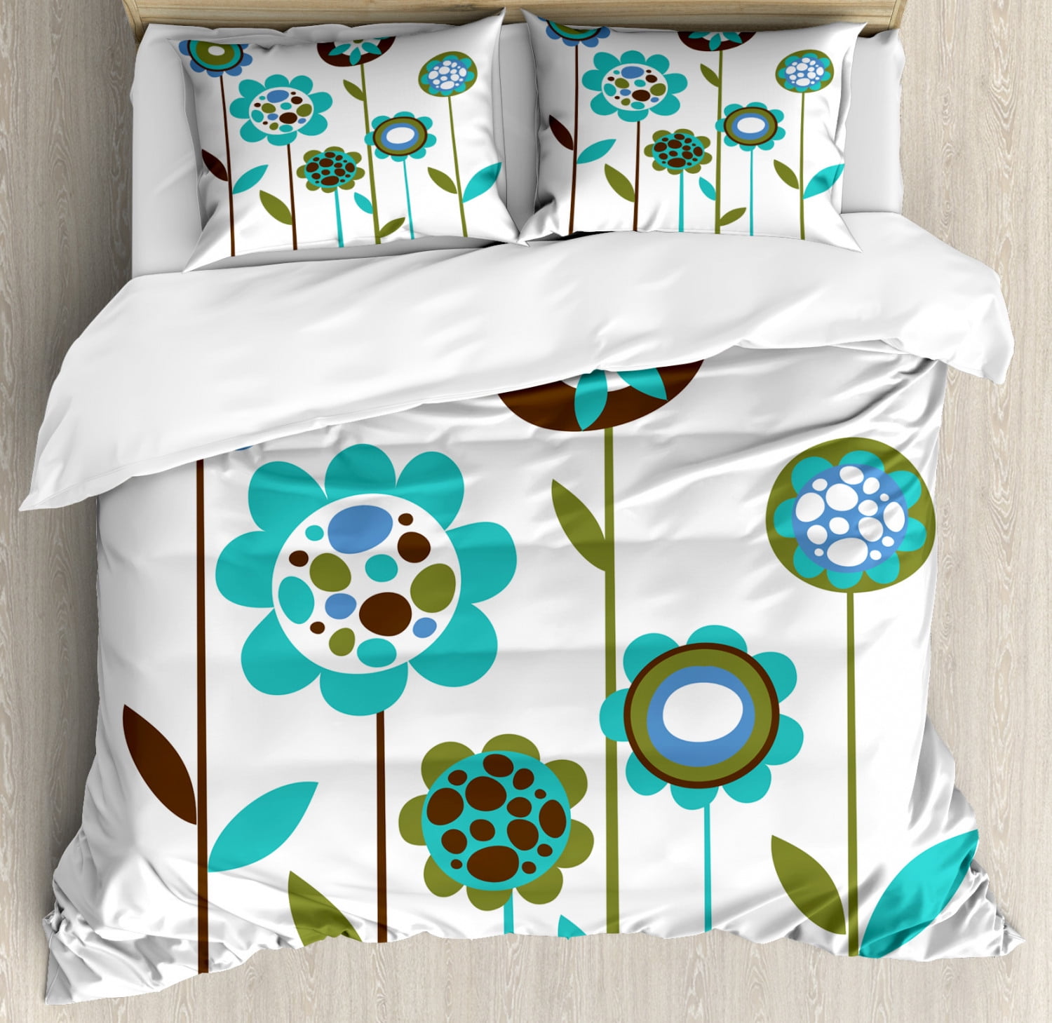 Green Flower Duvet Cover Set Grunge Floral Doodles Circles And