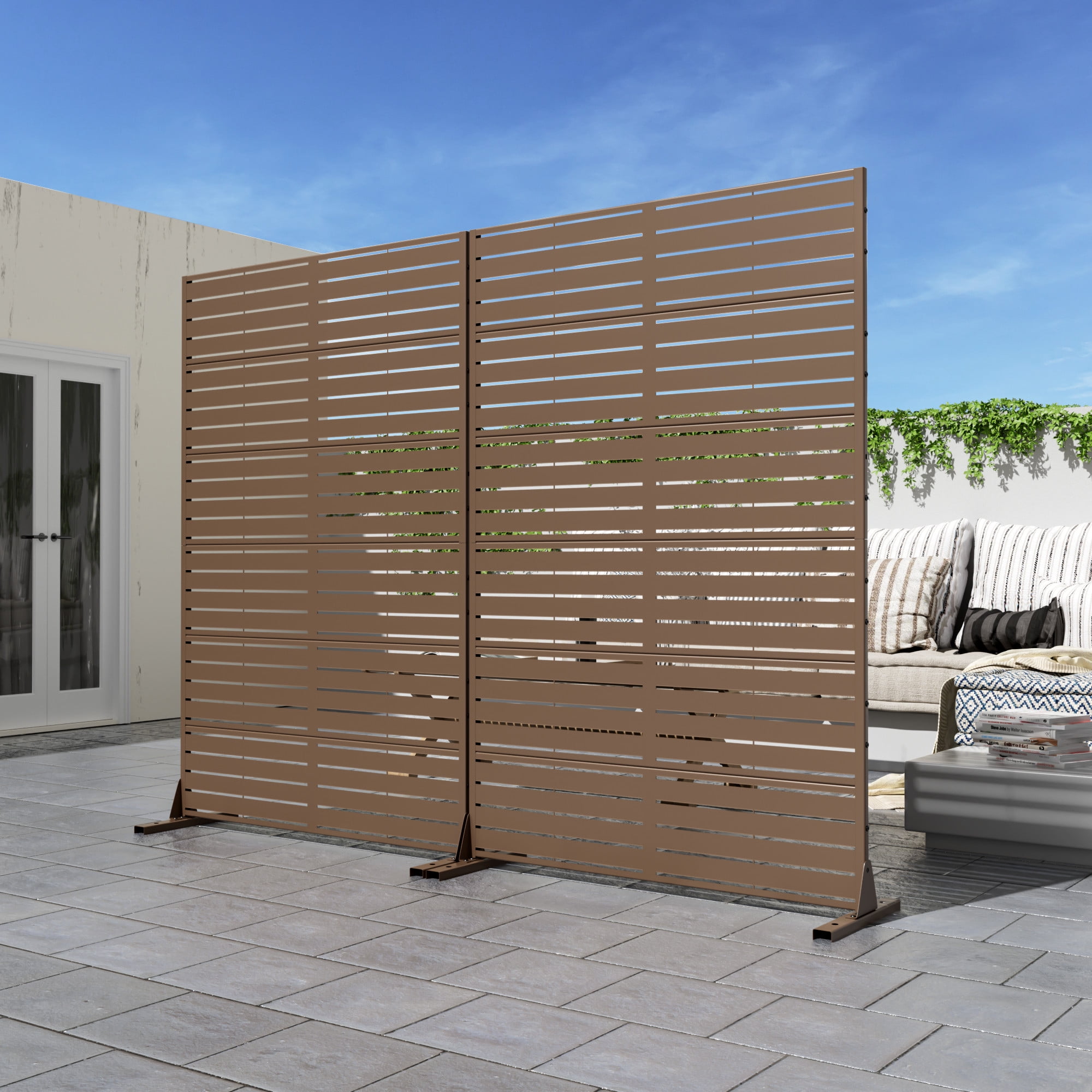 MAYEERTY 72*47" Outdoor Brown Metal Privacy Panel Screen for Patio, Classic Louvered
