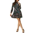 thumbnail image 2 of INSPIRE CHIC Women's Floral Long Sleeve Mini Dress Smocked Neck Ruffle Trim Chiffon Casual Dress Dark Green XL, 2 of 6