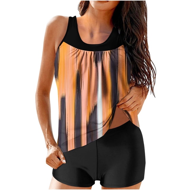 Modest Swimsuits for Women Gradient Print Back Cutout Sling Swimsuit with Skirted Top And Swim Trunks 2 Pc
