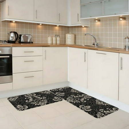 

Kitchen Mats for Floor 2 Piece - Elegant Black Floral Damask Anti Fatigue Mats for Kitchen Floor Kitchen Rugs Non Slip Washable Mat for Home Kitchen Decor