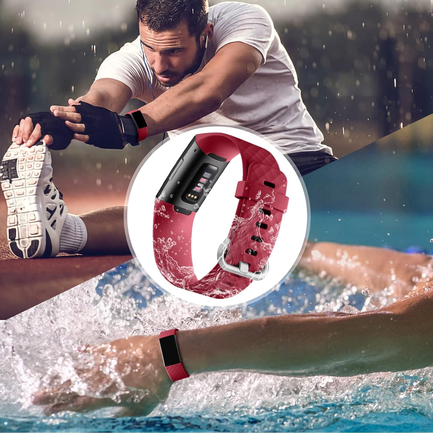 Wepro Waterproof Bands Compatible with Fitbit Charge 4 / Charge 3 / Charge 3 SE for Women Men, 3-Pack, Small, Large/Slate Gray/Black/Wine Red