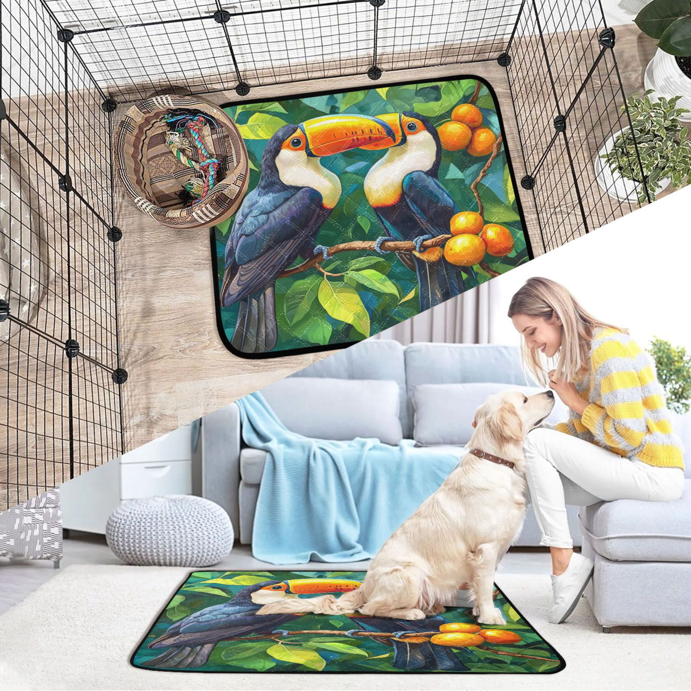 Qxltty Toucans Perched on Branches Cat litter Pads Pet Set of 3 Diaper Mats Center Anti-leakage Layer Absorbent Soft and Comfortable
