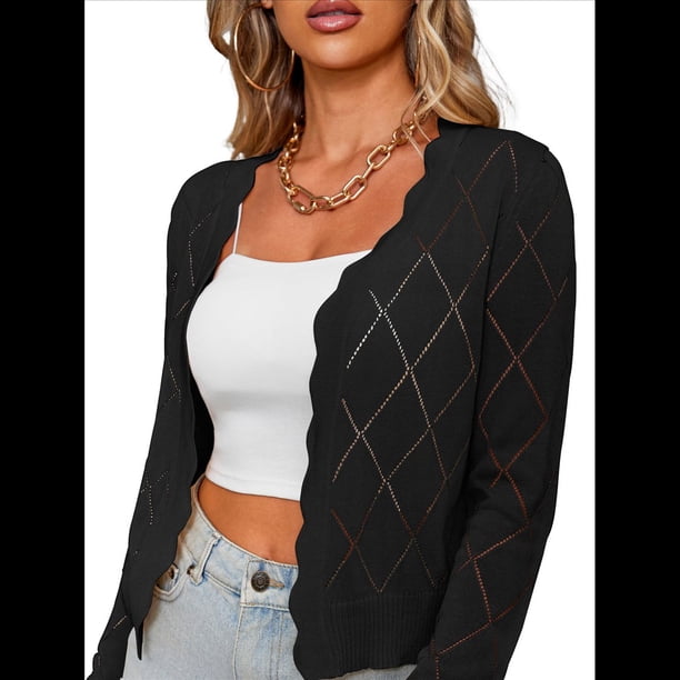 Chaqueta Cárdigan de Punto con Cuello en V y Larga para Mujer, Suéter Chal de Punto Sin Botones. Negro L