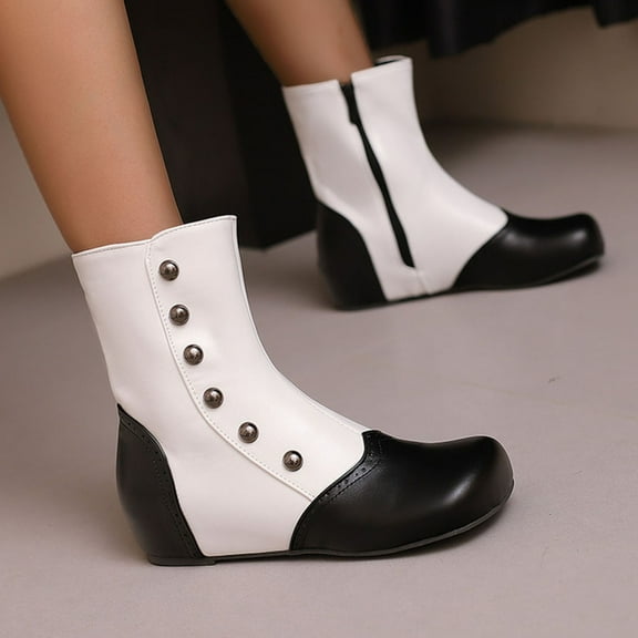 PiGOGI Women's Color Block Ankle Boots, Side Zipper Flat Boots for Women, Round Toe Winter Fashion Boots White 43