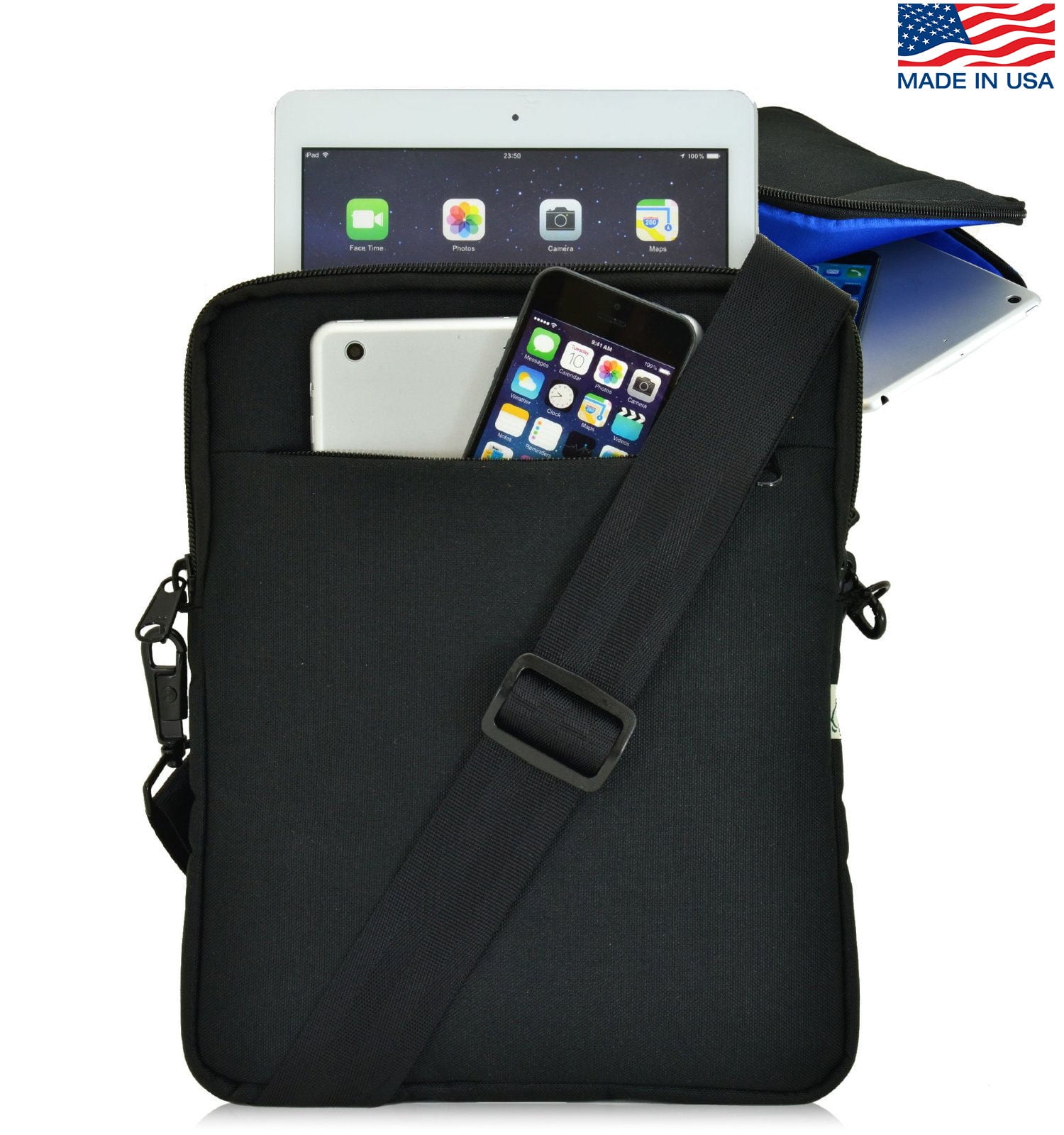 Nylon Universal Black Tablet Bag, Blue interior, Shoulder Straps Water Resistant