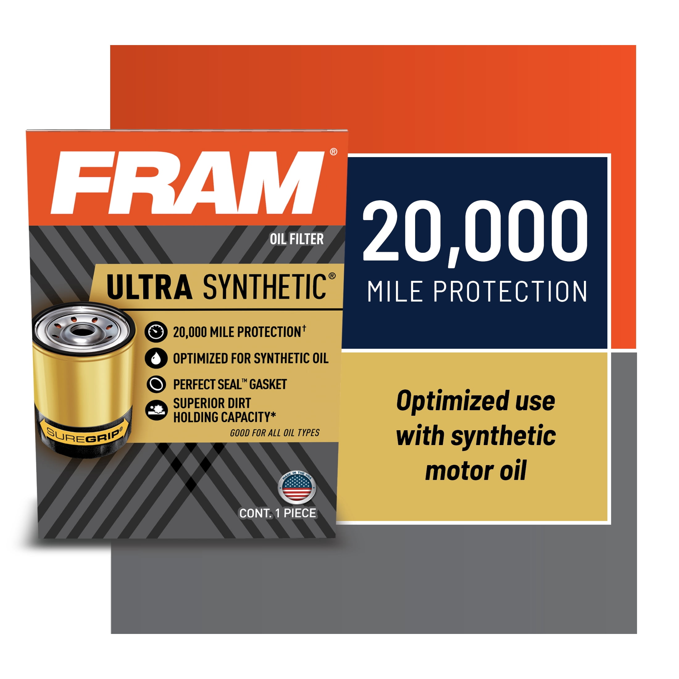 Designed for Synthetic Oil Changes Lasting up to 20k Miles XG8A with SureGrip Pack of 1 FRAM Ultra Synthetic Automotive Replacement Oil Filter 