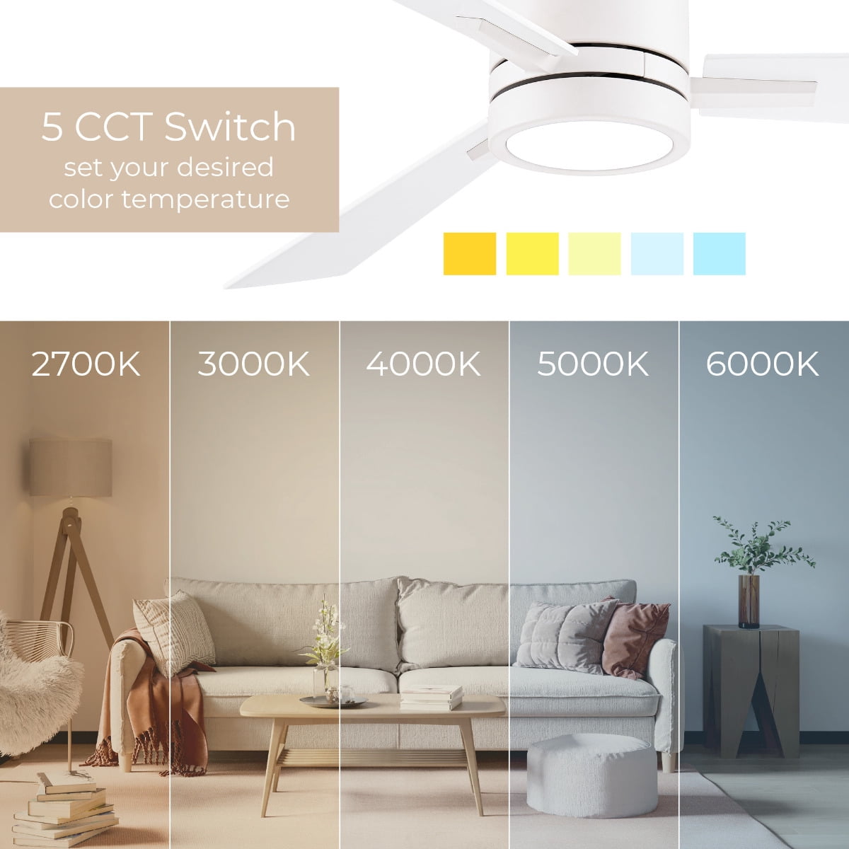 Bali 52in 3-Blade Smart Ceiling Fan 2700K-6000K CCT Tunable Range LED Light Kit in Matte Black with Reversible Black and Weathered Wood Blades Works With iOS or Android App
