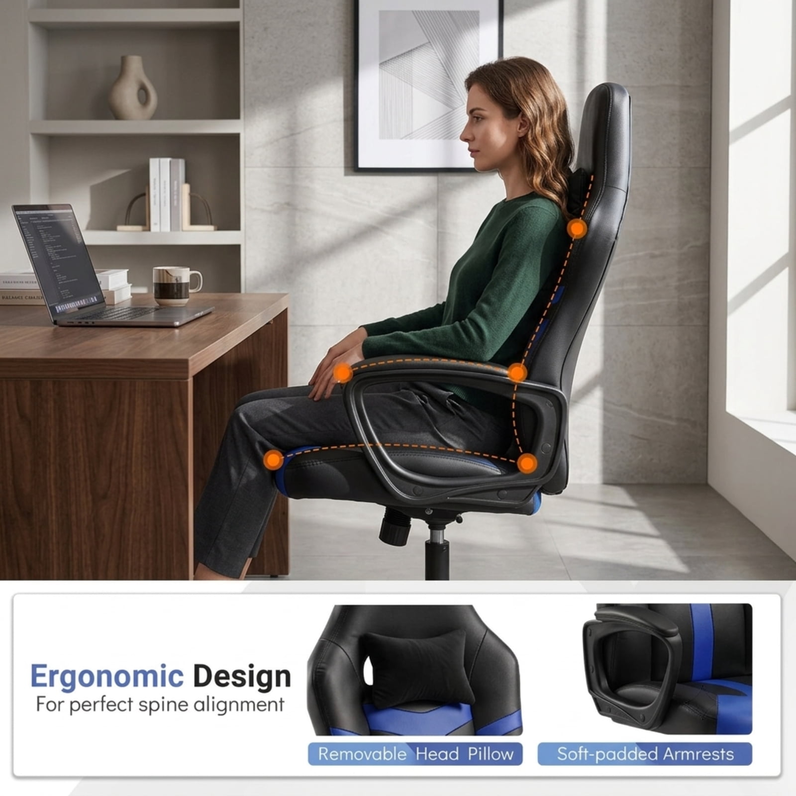 Furnibear Faux Leather Office Chair with Removable Head Pillow, Ergonomic High Back Rocking Desk Chair with Padded Armrest and Casters, Blue