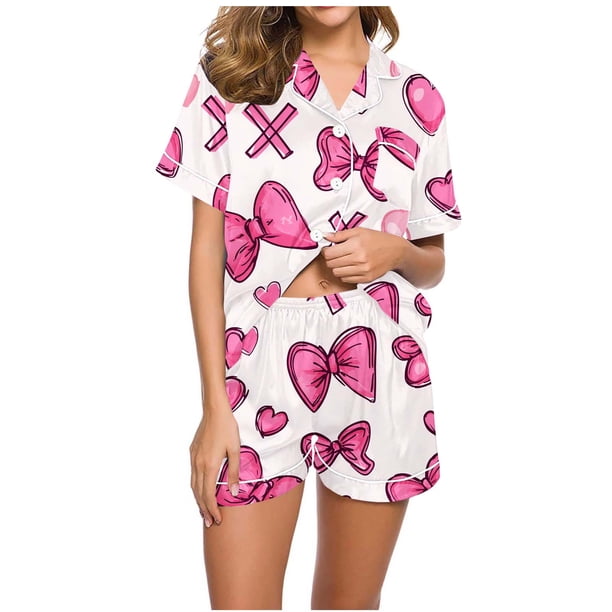 RKSTN Valentine's Day Gifts Women's Valentines Pajama Sets Plus Size Notch Collar Button Down Valentine Heart Print Short Sleeve T Shirt and Pjs Shorts 2PC Matching Set 2 Piece Summer Loungewear
