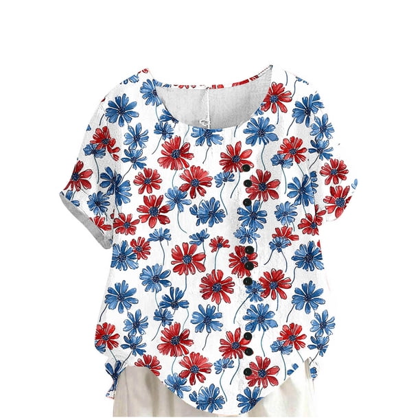 Vestidos Casuales Para Mujer, Blusas De Mujer De Moda Blusa informal de lino con botones y manga corta estampada para mujer