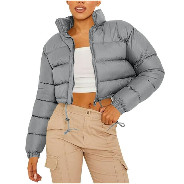 hoksml Women's Cropped Puffer Jacket with Drawstring Hem, Stand Collar Boxy Zip Front Casual Streetwear Short Jacket