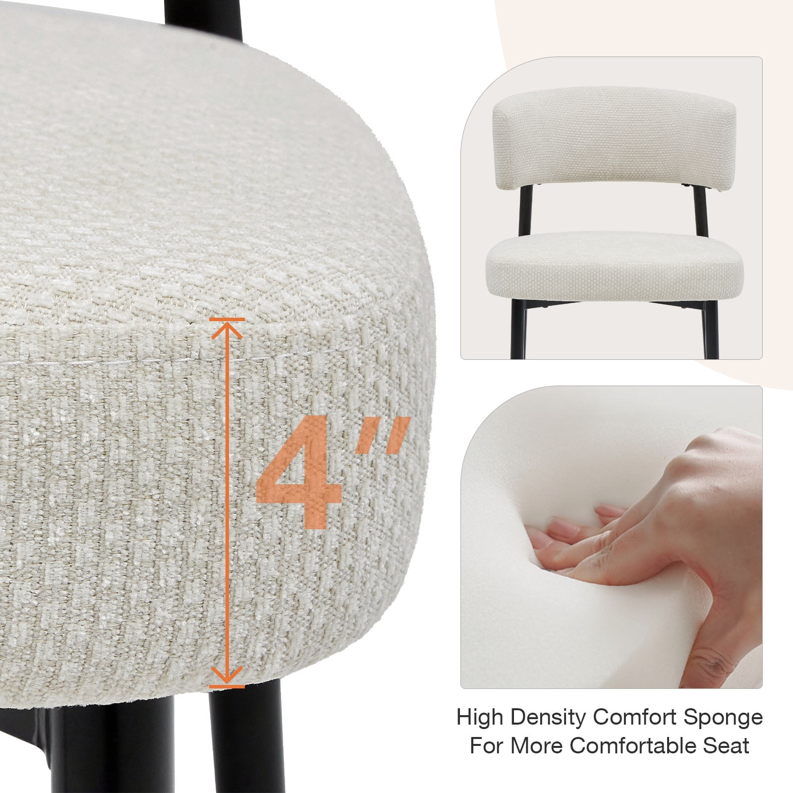 EDX Dining Chairs Set of 4, Mid Century Modern Chair Round Upholstered Curved Backrest, Kitchen Vanity Living Room Chairs with Black Metal Legs, Beige