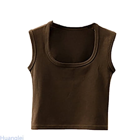 Huanglei Girls Square Neck Crop Top Short Sleeve Tee Shirt Summer Casual Basic Ribbed Knit Stretch Fit Comfortable Daily Wear Girls Short/Long Sleeve T-Shirts 12 Years Brown