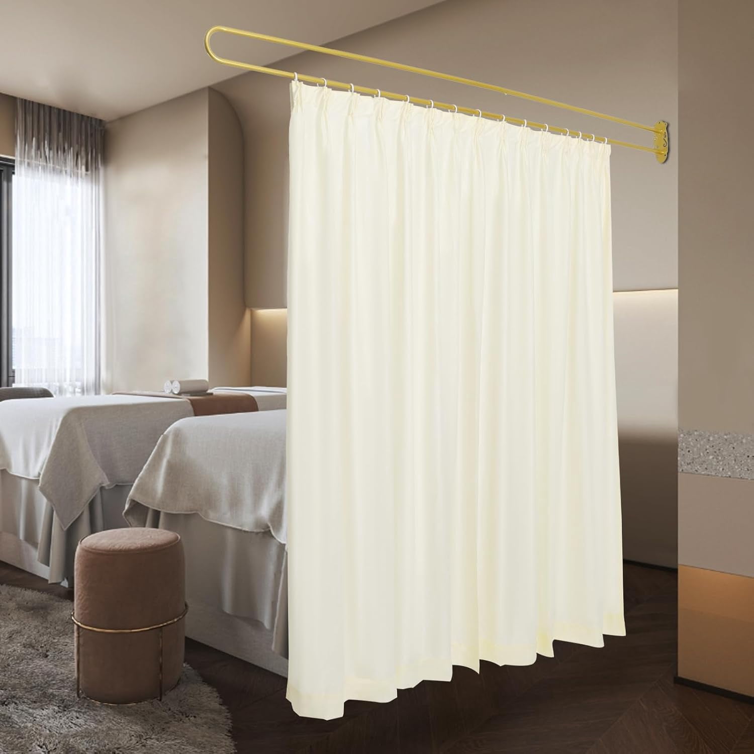 Privacy Partition Curtain Wall Mounted Room Divider with U-Shape Rod 7.5ft Wide & 7.22ft Height Curtain Drape Separator Partition Screen Panel (Beige)