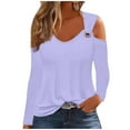 thumbnail image 2 of Goodtrade8 Casual Long Sleeve Shirts for Women Cold Shoulder Purple Long Sleeve V-Neck Solid Color Shirts for Women Plus Size, 2 of 5