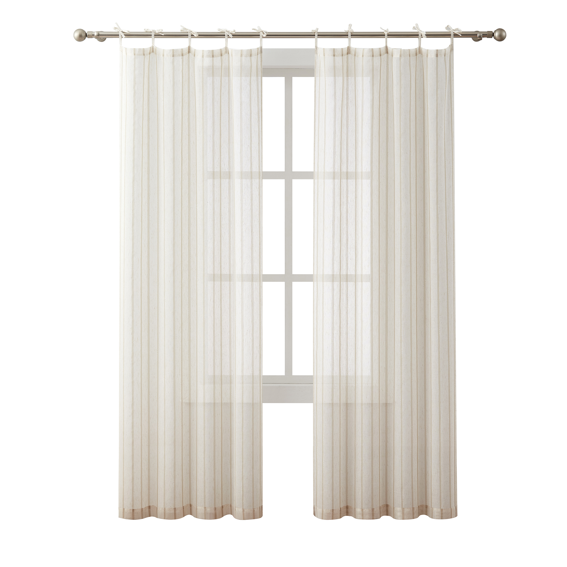 My Texas House Emerson Linen Stripe Light Filtering Tie Top Curtain Panel Pair, Taupe, 76" x 95"