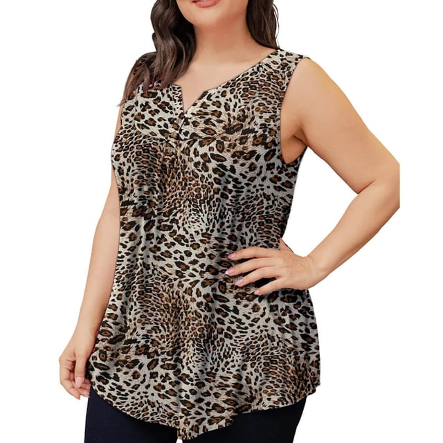 LSLJS Débardeurs à Col Rond pour Femmes Grande Taille Débardeur d'Été Imprimé Sans Manches Blouse Évasée Tendance Tunique à Boutons