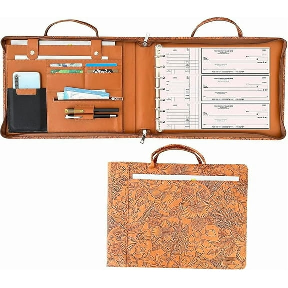 7 Ring Check Binder Vegan Leather Portfolio for 3-Up Business Size Checks, with Handle and Zippered Briefcase with 500 Check Capacity，9 x 13 inch Sheets (Hua Brown, Standard) (Hua Brown)