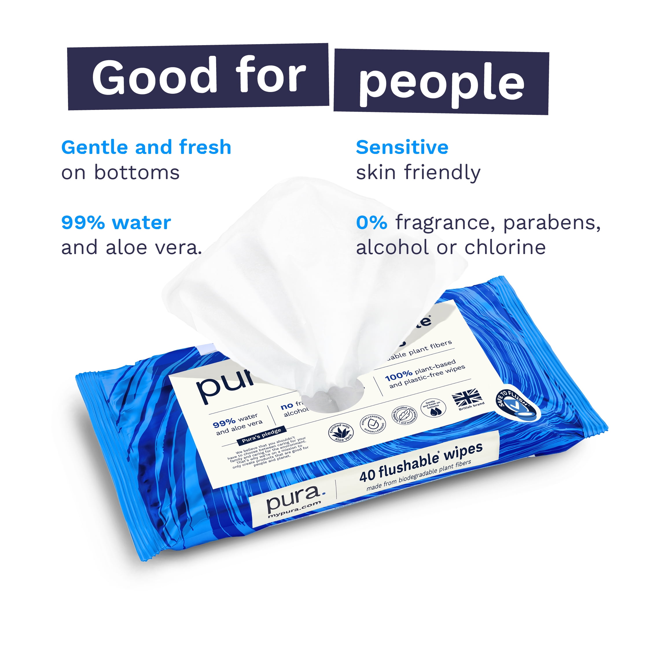 Pura Flushable Fragrance-Free Allergy UK Certified Toilet Wipes, 160 Count (Choose Your Count)
