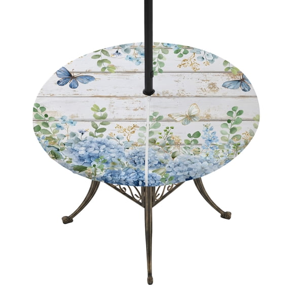 Round Outdoor Tablecloth with Umbrella Hole and Zipper, Blue Hydrangea Fitted Table Cover with Elastic Edge for 55-60 Inch, Spring Summer Eucalyptus Wooden Waterproof Patio Tablecoths for Picnic