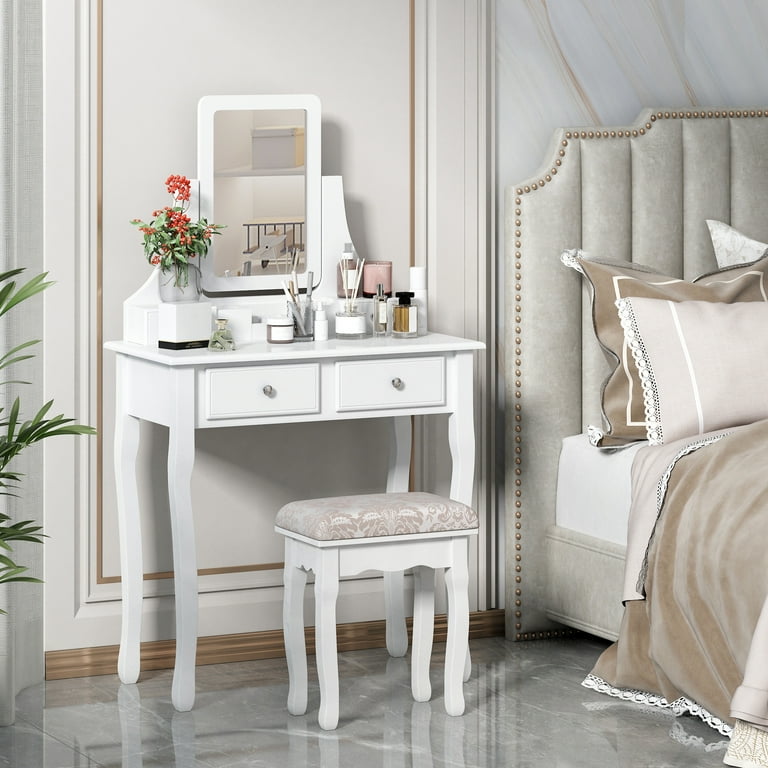 INCLAKE Vanity Table Set with Oval Mirror and 4 Drawers Wood Makeup Dressing Table with Cushioned Stool Top Removable Writing Desk Modern Bedroom