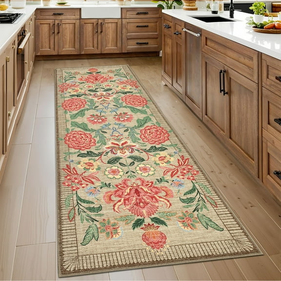 FairOnly 2'x 6'Modern Runner Rug for Entrance Hallway Non Slip Ultra Thin & Soft Flower Runner Mat,Camel