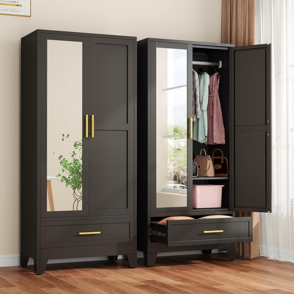 Metal Armoire Wardrobe Closet with Drawer, 71" Wardrobe Cabinet with Adjustable Shelves and Hanging Rod, Clothing Storage Cabinet Closet with Mirror for Bedroom-Black