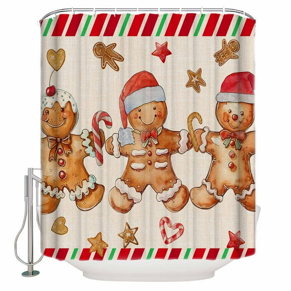Christmas Xmas Shower Curtain, 48" x 72", Watercolor Gingerbread Man Waterproof Bathroom Curtain Washable Shower Curtain Set with 12 Hooks