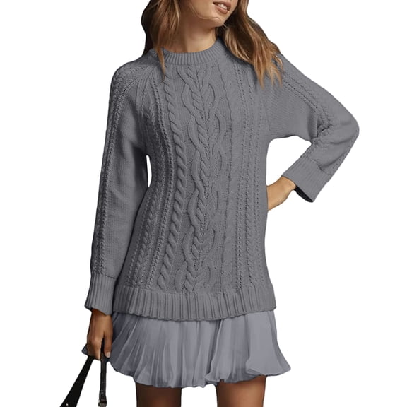 Kixjoy Cable Knit Sweater Dress for Women Long Sleeve Warm Crew Neck Sweaters Patchwork Pleated Mini Dresses Fall Basic Casual Mini Dresses, Gray M