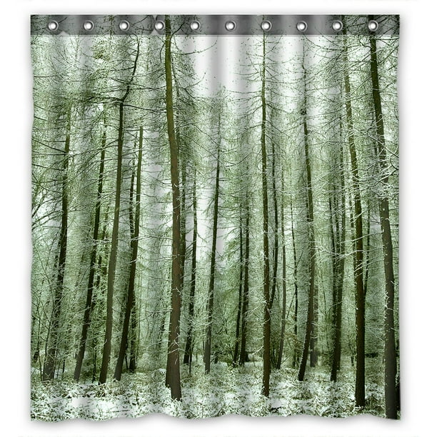 PHFZK Nature Shower Curtain, Winter Scene Snow Tree Trunks Forest