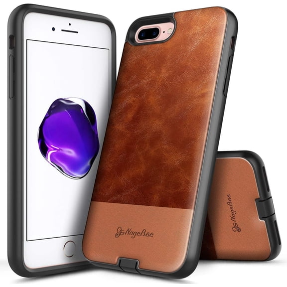 For iPhone 6S Plus/6 Plus Case, Nagebee Premium Cowhide Leather Hybrid Defender Shockproof Rugged Durable Cover Phone Case (Brown)