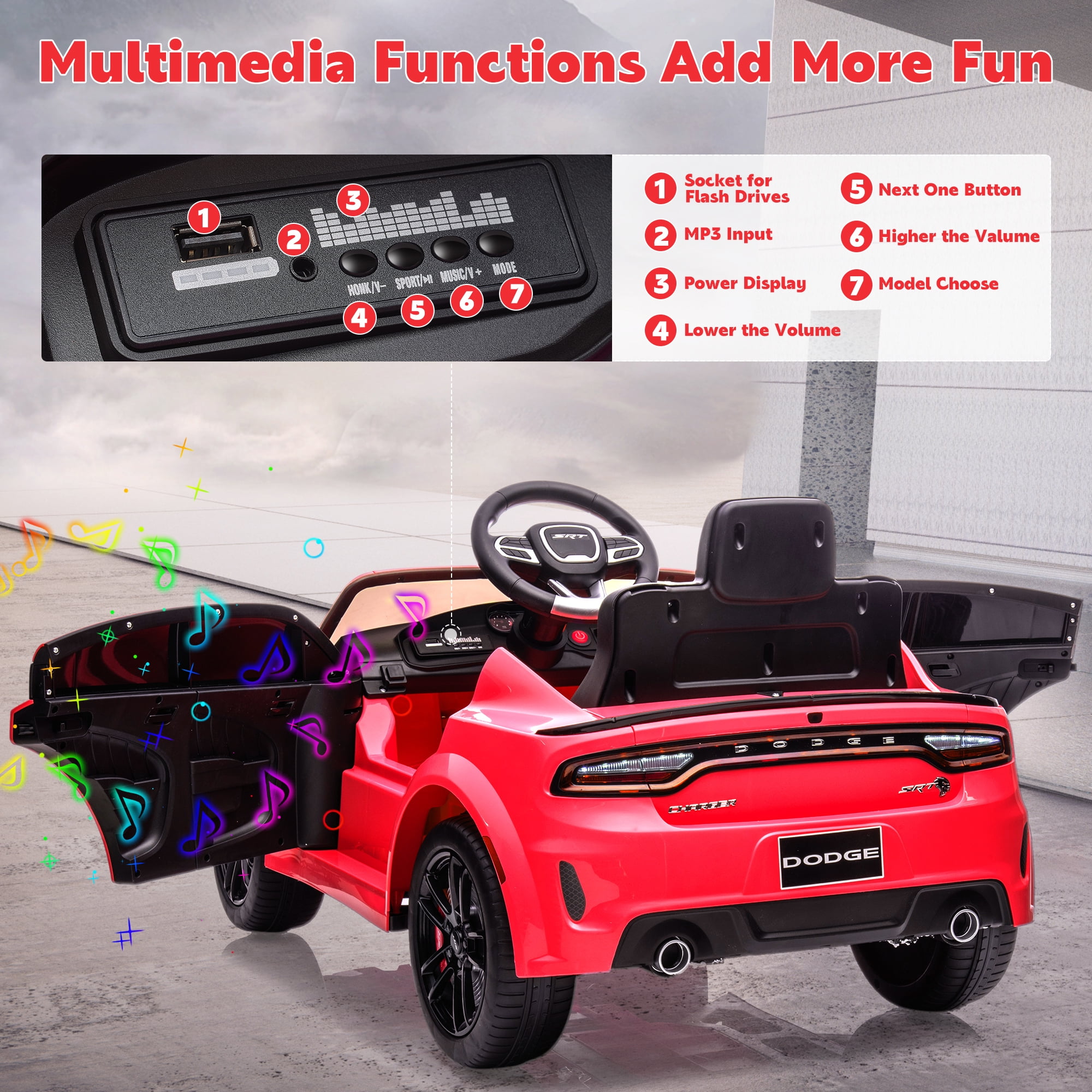 uhomepro Pink 12 V Dodge Charger SRT Hellcat Battery Powered Ride on Cars  with Remote Control, Bluetooth, LED Light and MP3 Player