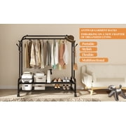 Fybee Heavy Duty Rolling Clothing Rack, Adjustable Double Rod Garment Organizer with 2 Shelves & Hooks, Mobile Wardrobe for Bedroom/Closet, Black