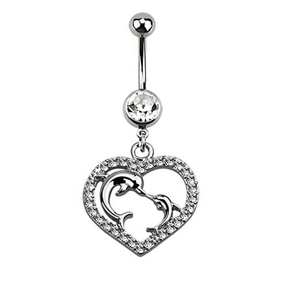 Body Accentz Belly Button Ring Navel Heart with Dolphins gem Studded