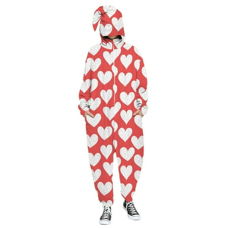 

Fsqjgq Fitted Jumpsuits for Men Men s and Women s Valentine s Day Love Print Hooded Pullover Zipper Pajamas Party Couple Set Wide Leg Jumpsuit with Pocket Polyester Spandex C Xl